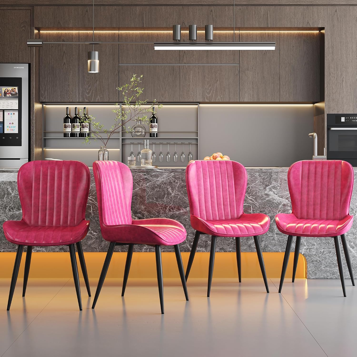 Dining Chairs Set of 4,Pink Leather Dining Chair Upholstered,Kitchen Chair,Modern Dining Room Chairs with Black Metal Legs Frame for Restaurant,Dining Room,Cafe