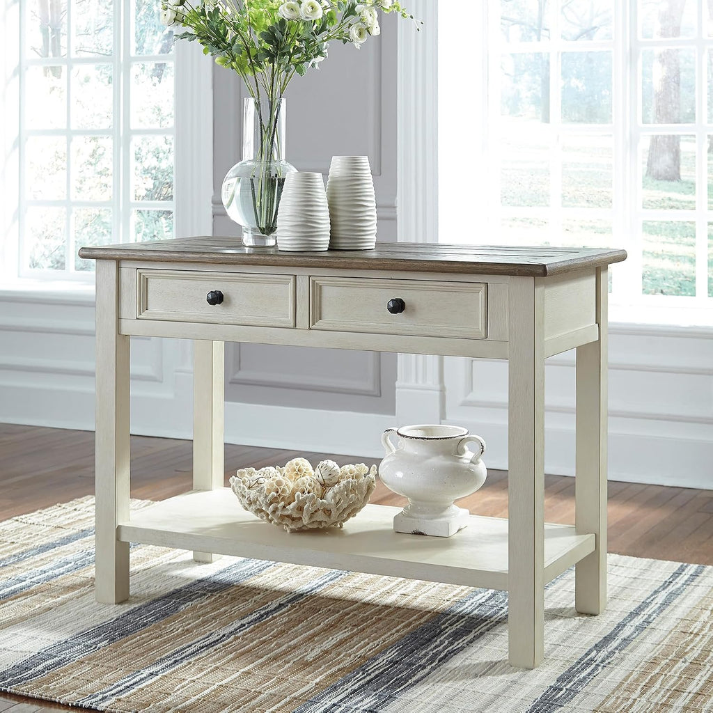 Signature Design by Ashley Bolanburg Farmhouse Sofa Console Table, White | Two-tone wood console, 22-inch deep storage, 2 smooth drawers, Made of veneers, wood and engineered wood