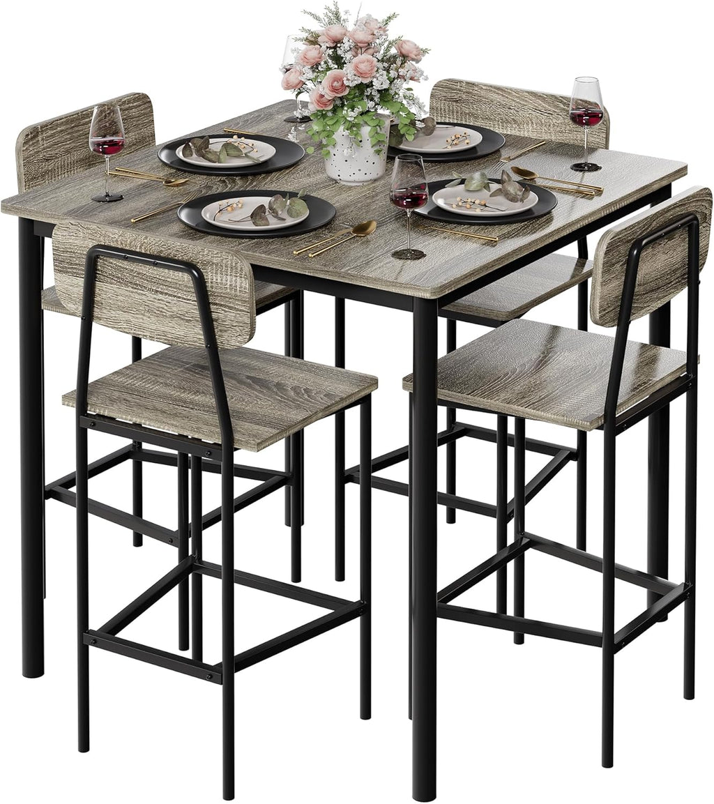 Kitchen Table and Chairs of 4, 5 Piece Dining Table Set | Sturdy Industrial Space Saving Dinette Set for Pub, Family Dinners, Apartment, Gray