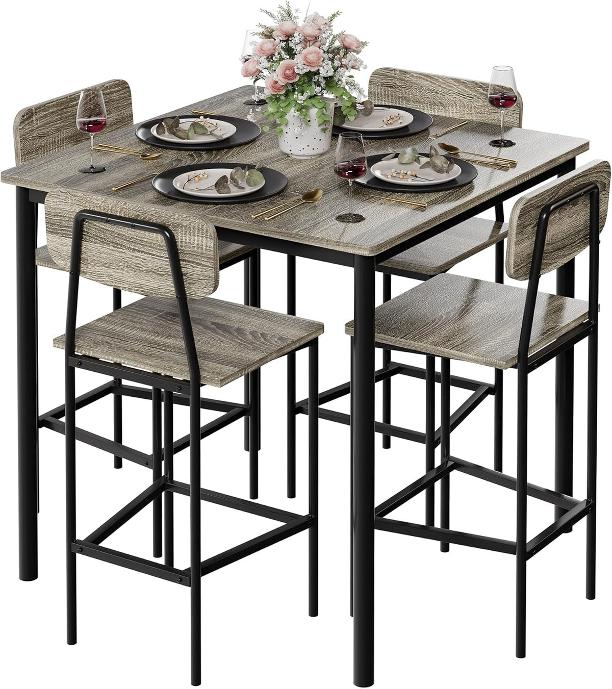 Kitchen Table and Chairs of 4, 5 Piece Dining Table Set | Sturdy Industrial Space Saving Dinette Set for Pub, Family Dinners, Apartment, Gray