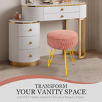 Velvet Vanity Stool Footrests, Round Ottoman Vanity Chairs with Anti-Slip Feet, Dressing Table Seat Foot Stool with Black Legs, Furry Padded Seat Side Table for Makeup Bedroom(Pink, Golden)