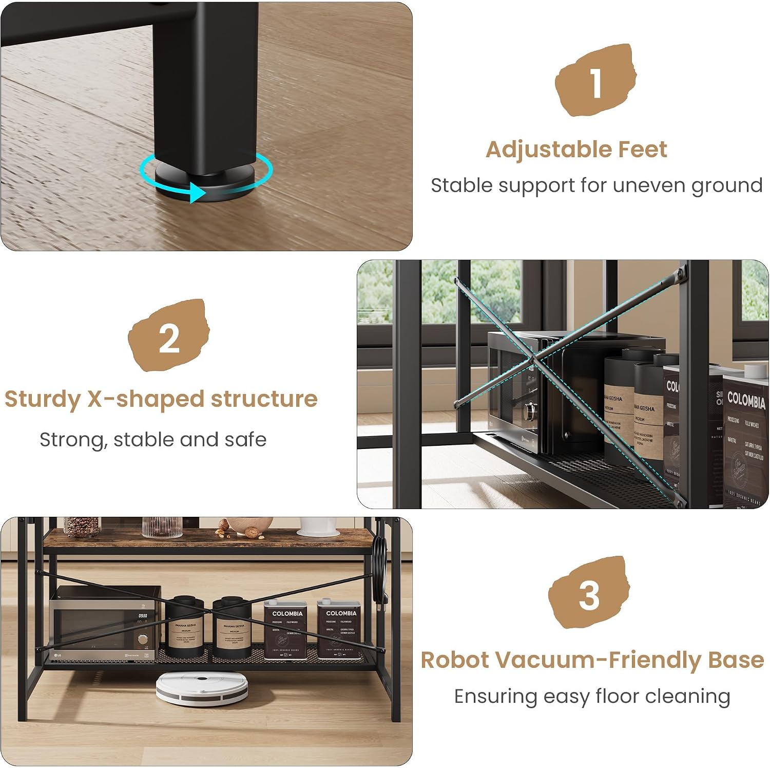 Industrial Kitchen Island Dining Table with Power Outlet, Retro | Microwave Stand with Storage Shelves, 2 Bar Stools and 5 Hooks, Coffee Bar for Dining Room, Living Room
