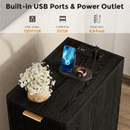 Homleke Narrow End Table with Fluted Drawer and Charging Station, Small Nightstand with USB Ports & Outlets, Bedside Table for Bedroom or Living Room, Modern Accent Table, Black