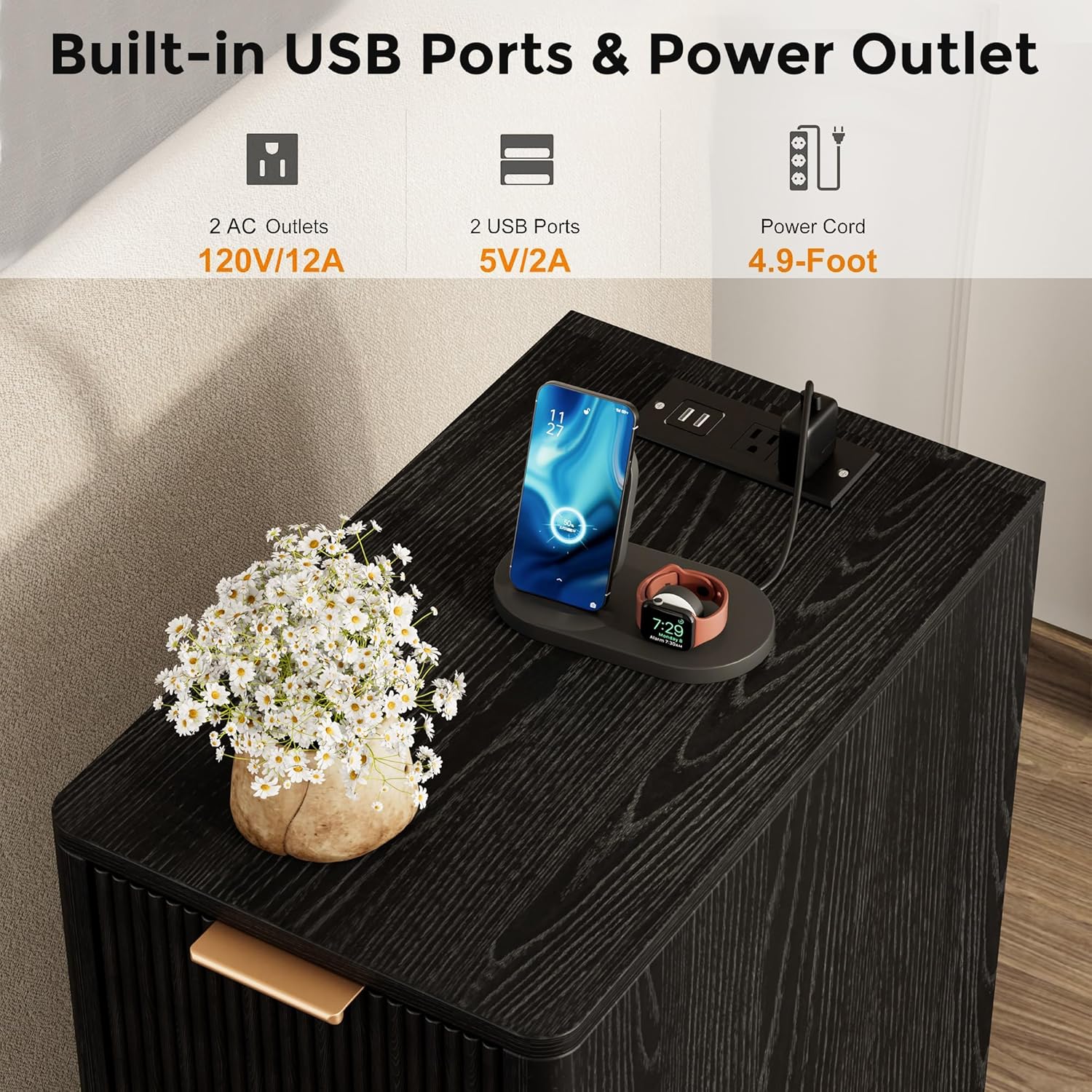 Homleke Narrow End Table with Fluted Drawer and Charging Station, Small Nightstand with USB Ports & Outlets, Bedside Table for Bedroom or Living Room, Modern Accent Table, Black