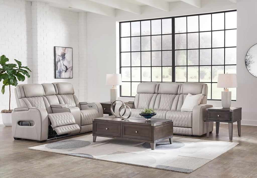 Signature Design by Ashley 3-Seat Power Reclining Sofa, Heat, Massage, Gray | Combination of leather and faux leather, Air massage, Heated seats, Drop-down table, Zero gravity, Boyington