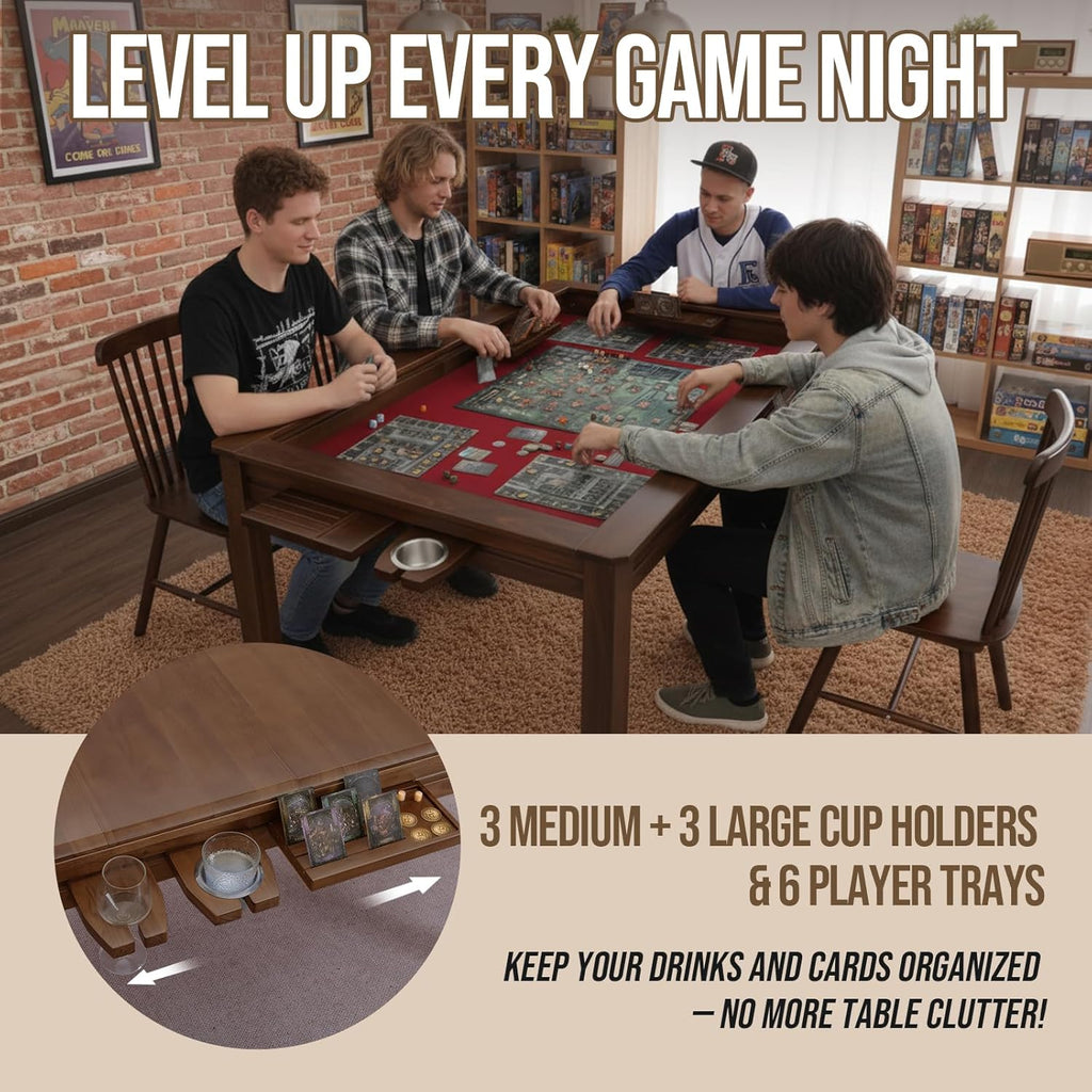 63" Solid Wood Board Game Table for Gaming/Dining, Removable Top | Gaming Table for 4–6 Players with 54" x 30.7" Play Area, Neoprene Play Mat, Leaf Storage Rack, 6 Cup Holders & Trays, Walnut
