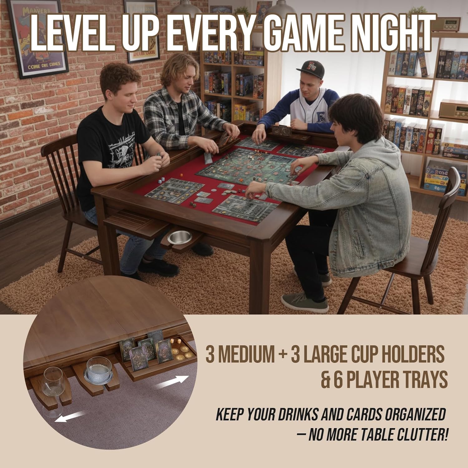 63" Solid Wood Board Game Table for Gaming/Dining, Removable Top | Gaming Table for 4–6 Players with 54" x 30.7" Play Area, Neoprene Play Mat, Leaf Storage Rack, 6 Cup Holders & Trays, Walnut