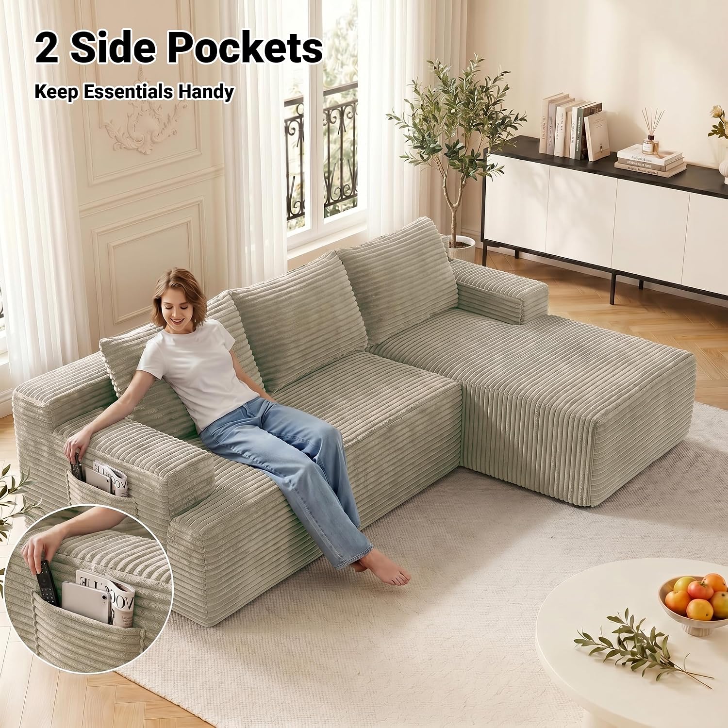 Cloud Sectional Couch, 97 Inch Modern Modular Sectional Sofa with Deep Seat, Corduroy Couches with L-Shape Right Chaise for Living Room Bedroom, No Assembly Required(Camel)