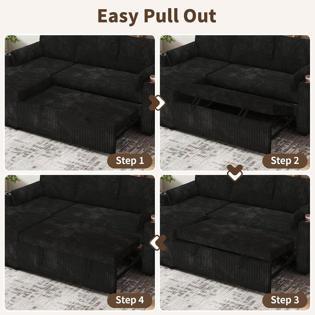 3 in 1 Pull Out Couch, Corduroy L Shaped Couch Sleeper Sofa Bed, Black | Reversible Storage Chaise, Charging Station, Cup Holder, Sleeper Sofa, for Living Room Apartment
