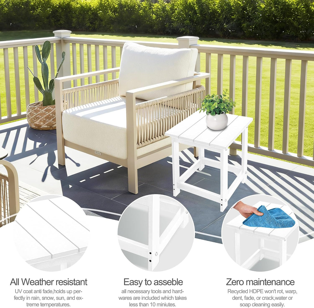 LZRS Patio Side Table, Heavy Duty HDPE Outdoor End Table with Wood Texture, Weatherproof Composite Table for Adirondack Chairs, Deck, Pool, Indoor/Outdoor, No Peeling or Cracking(White)