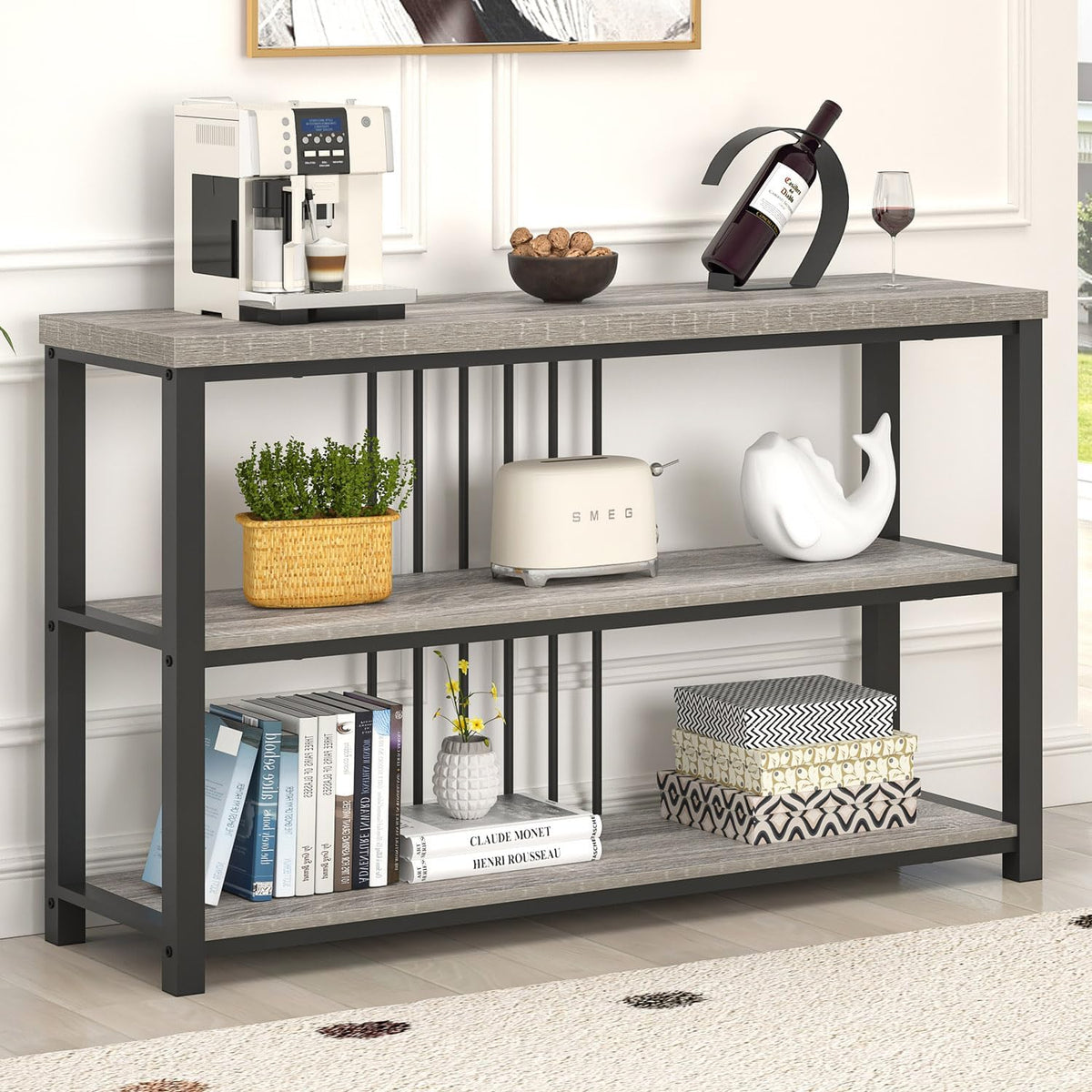 FOLUBAN Console Tables for Entryway, Sofa Table with 3 Tier Storage for Living Room Hallway Foyer Behind Couch, Rustic Light Grey