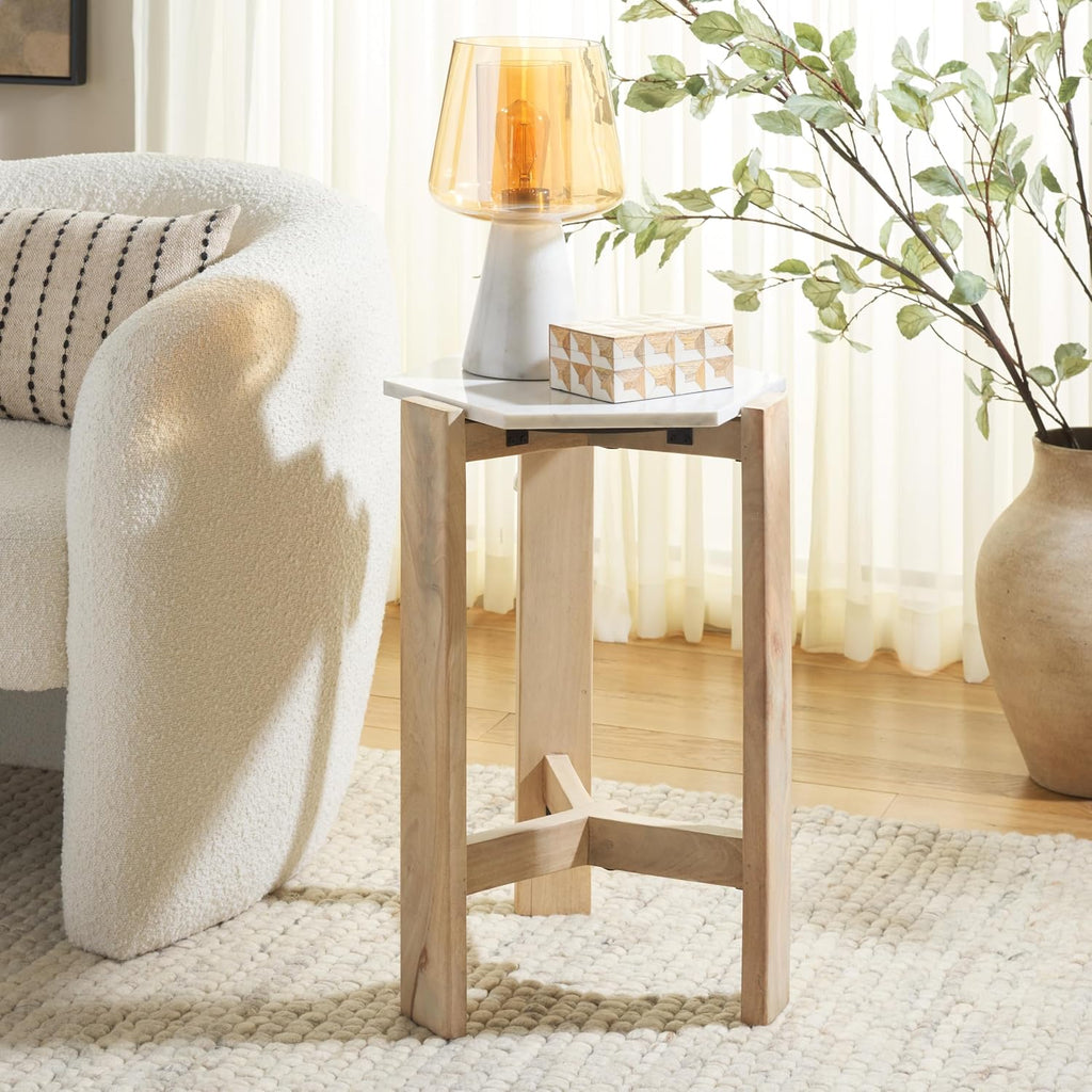 SAFAVIEH Home Collection - Pisa Side Table, White Marble Hexagon Top with Natural Wood Base, Fully Assembled (ACC3733A)