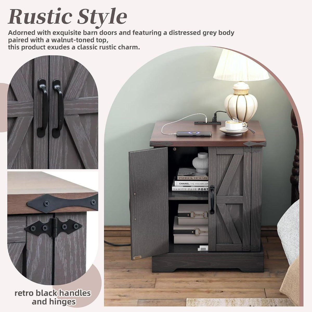 Merax Farmhouse End Table with Charging Station, Rustic Wood Nightstand with Adjustable Shelf, 19.6" W Versatile Walnut Sofa Side Table with Barn Doors & Retro Hinges for Bedroom, Living Room, Grey