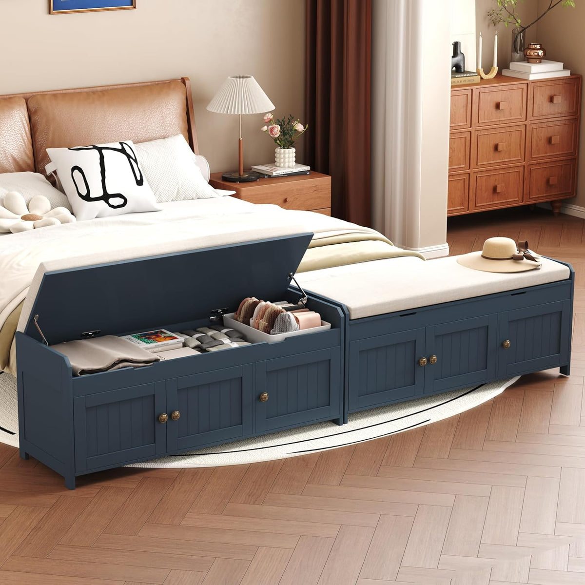 HOMEFORT 41.3" Shoe Bench with Lift Top Storage, Entryway Bench with Cushioned Seat, Wooden End of Bed Bench, Shoe Cabinet Bench with Hidden Storage Space, for Bedroom, Hallway,Blue