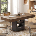 Dining Table for 4-6 People, 55 Inches Dinner Table with Drawers and Open Storage, Wooden Pedestal Base, Rectangular Farmhouse Kitchen Table for Kitchen, Living Room
