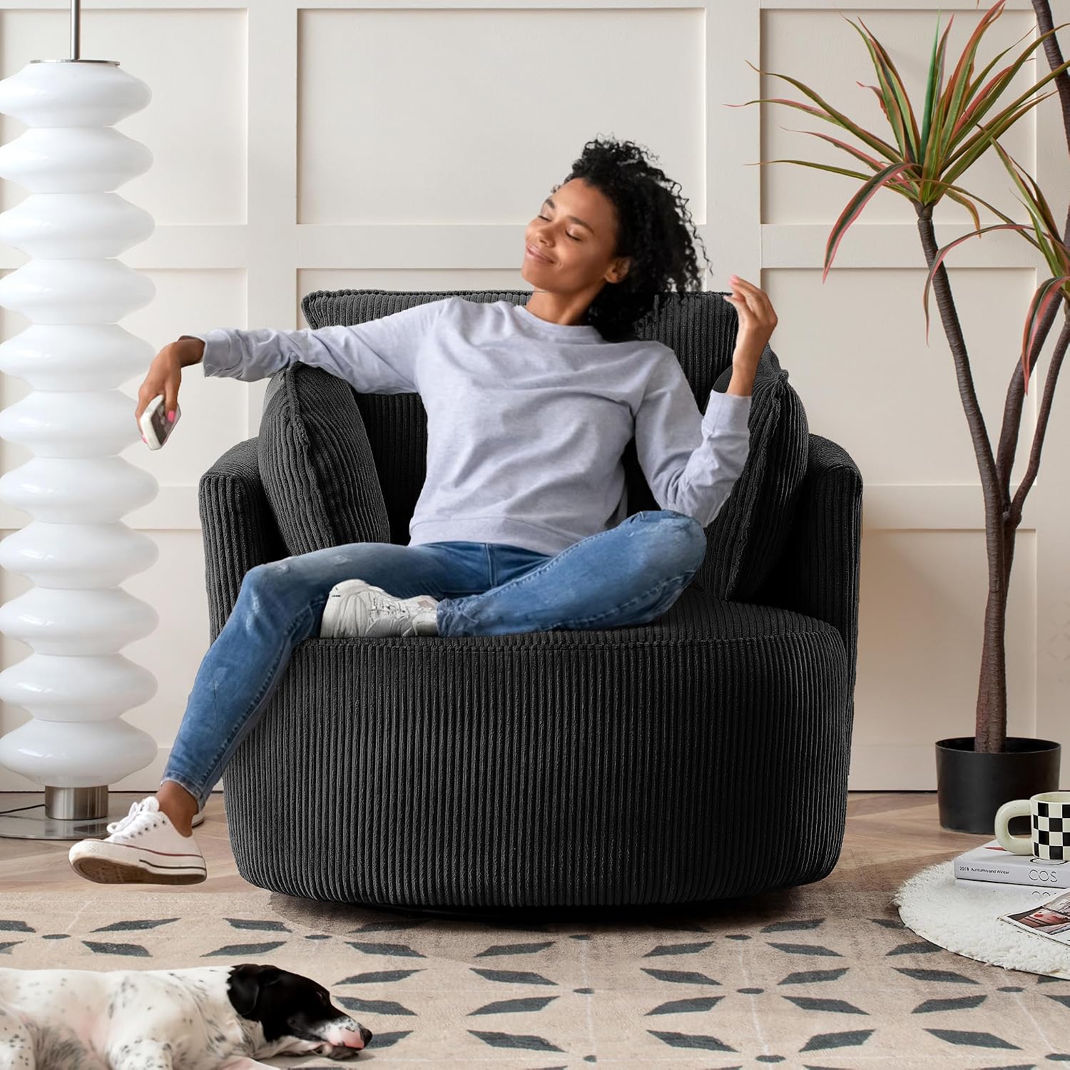 Swivel Accent Chair Round Barrel Armchair Upholstered Living Room Chair Corduroy Reading Chair Single Sofa Chair for Bedroom Apartment Office (Black, Standard 1Seater)