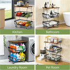 Pantry Floor Organizeron with Wheels, 3 Tier Rolling Fruit Vegetable Basket for Kitchen Stackable Wire Basket Stand for Home Removable Metal Vegetable Rack Wire Snack Cart