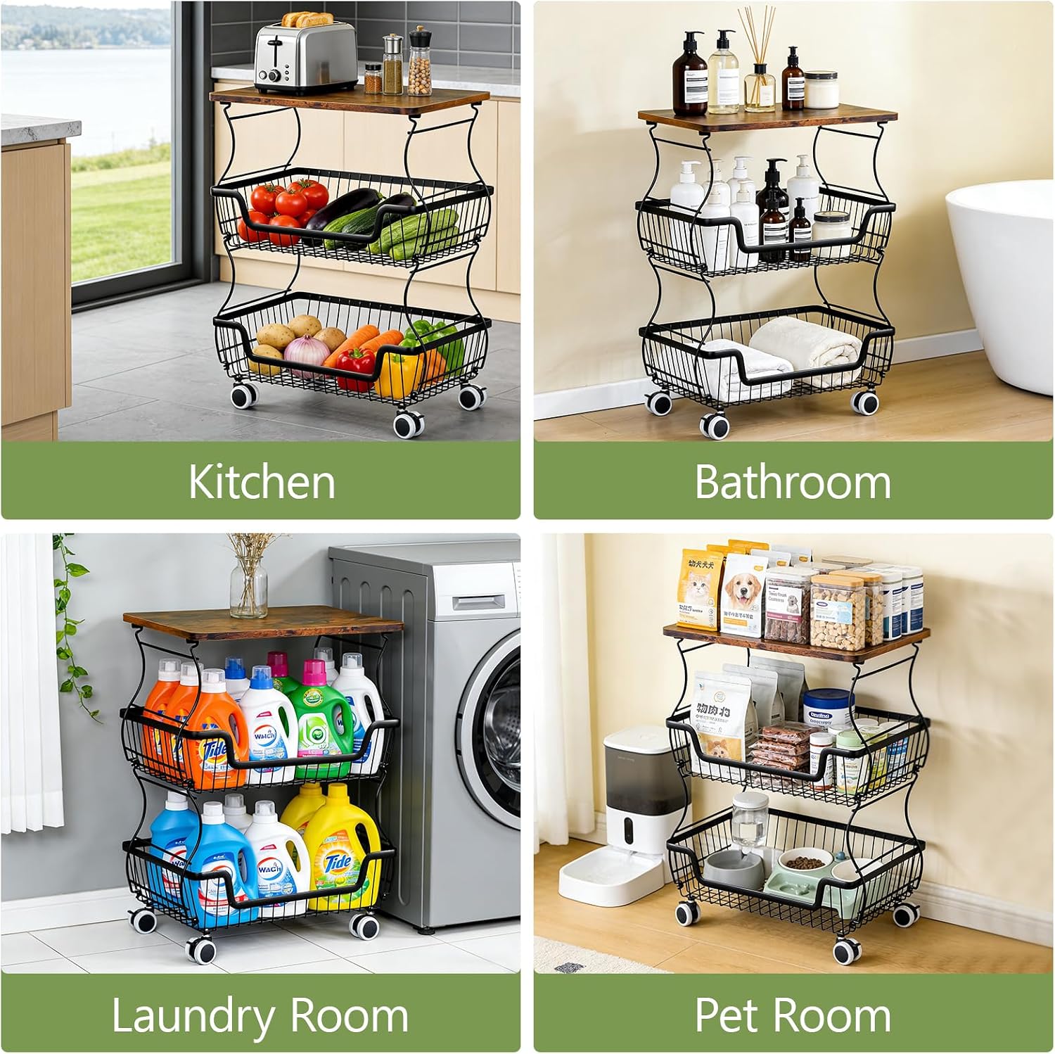 Pantry Floor Organizeron with Wheels, 3 Tier Rolling Fruit Vegetable Basket for Kitchen Stackable Wire Basket Stand for Home Removable Metal Vegetable Rack Wire Snack Cart