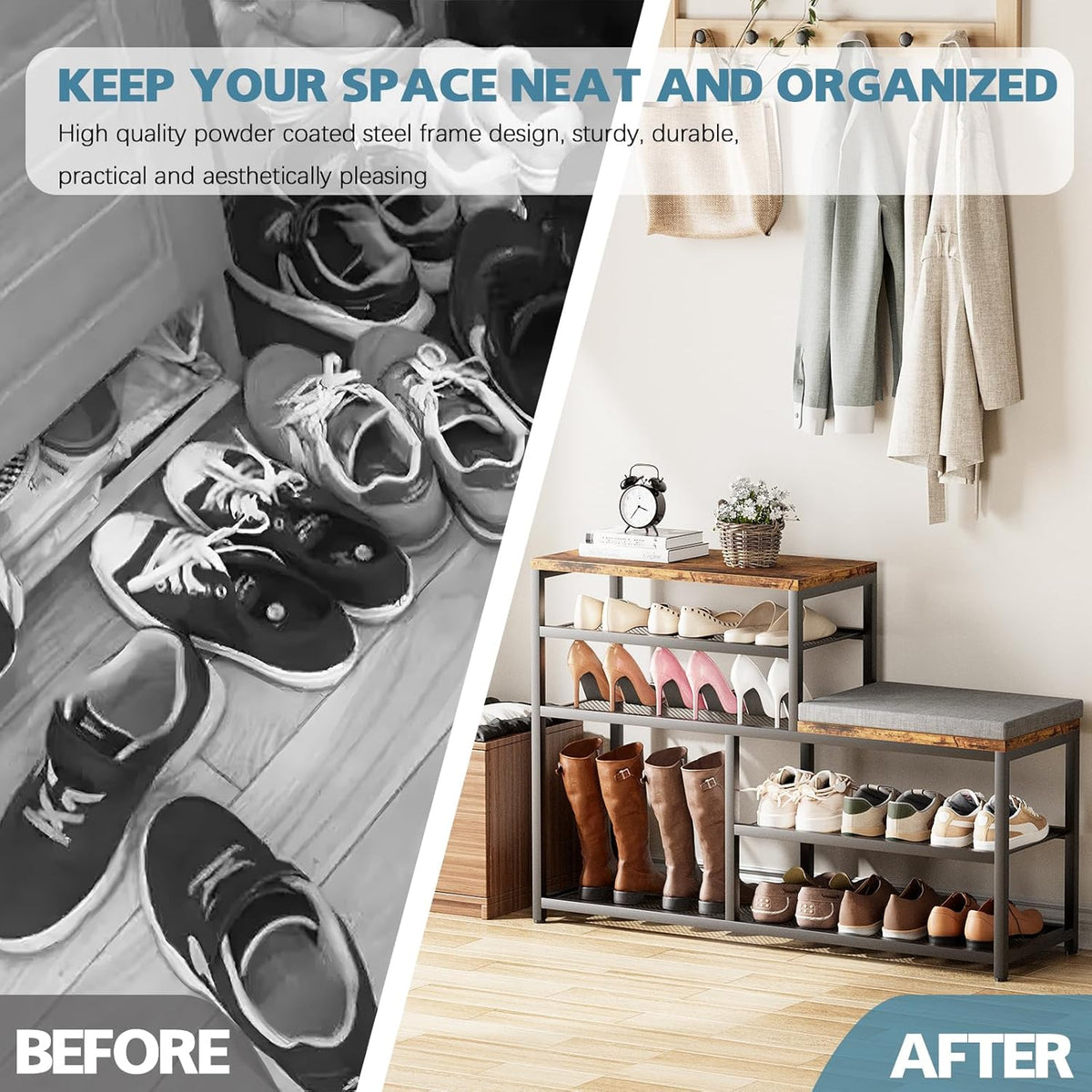 Shoe Rack,Freestanding Hidden Shoe Storage Organizer for Entryway, Shoe Bench Shelves for High Boot with Seat Cushion,Wood Shoe Rack Cabinet for Front Door Entrance Closet, Hallway, 5 Tier,Brown