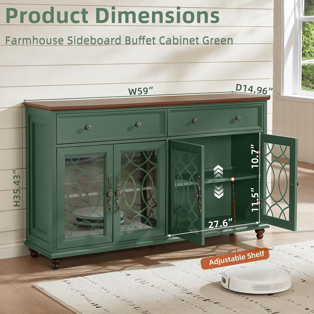 Joaxswe Farmhouse Sideboard Buffet Cabinet with Storage,Adjustable Shelves Console Table,59" Large Credenza with 4 Glass Doors & 2 Drawers,Wood Kitchen Coffee Bar for Dining Room,Living Room,Green