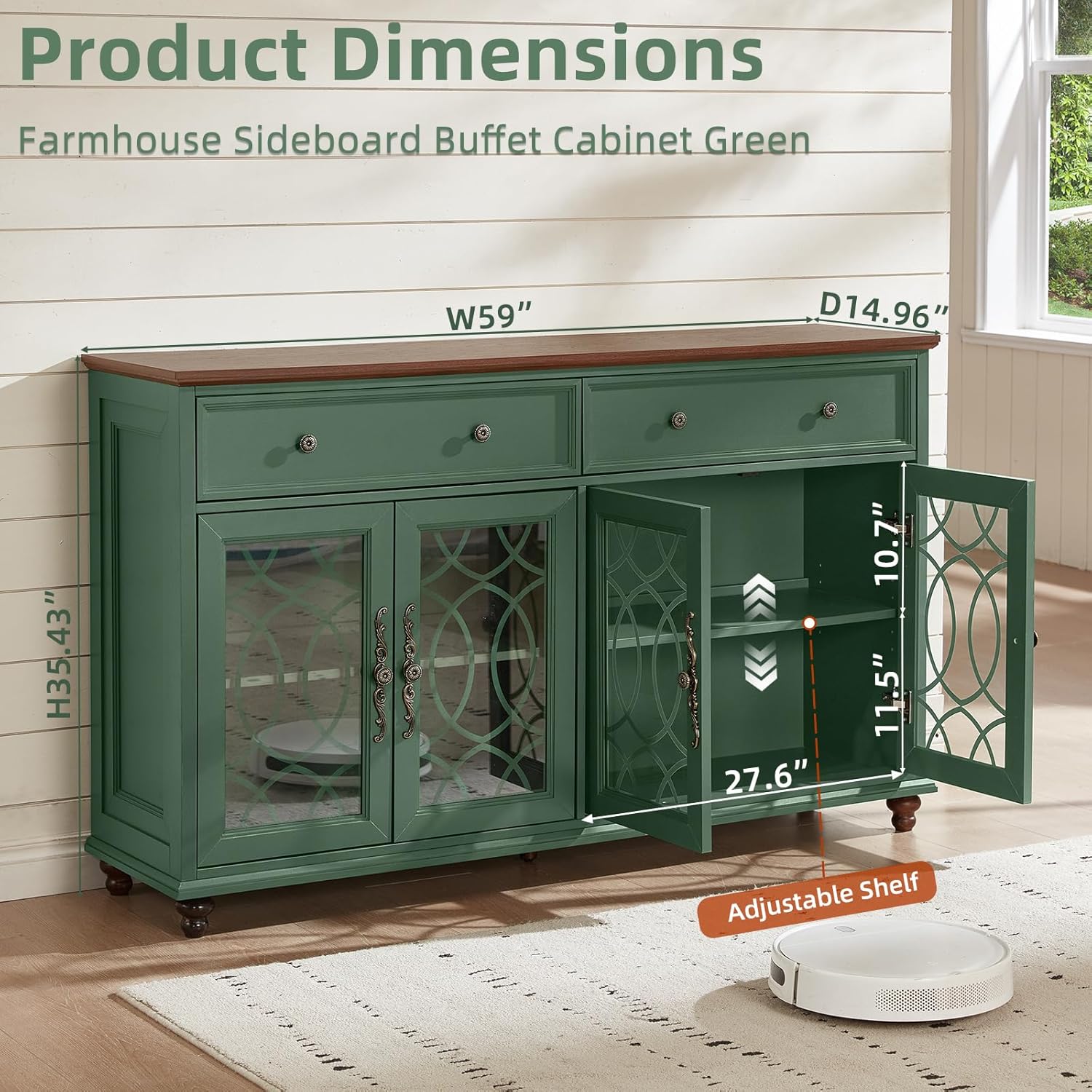Joaxswe Farmhouse Sideboard Buffet Cabinet with Storage,Adjustable Shelves Console Table,59" Large Credenza with 4 Glass Doors & 2 Drawers,Wood Kitchen Coffee Bar for Dining Room,Living Room,Green
