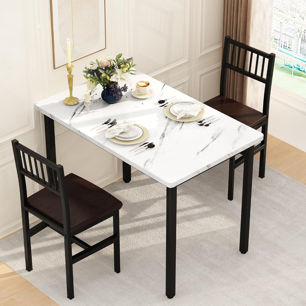 AWQM 3 Piece Dining Table, Small Kitchen Table Set for 2 with Chairs(White) | Wood Breakfast Nook Table and Upholstered Chairs Set of 2,Dinette Set for Small Space,Dining Room,Office, Apartment.