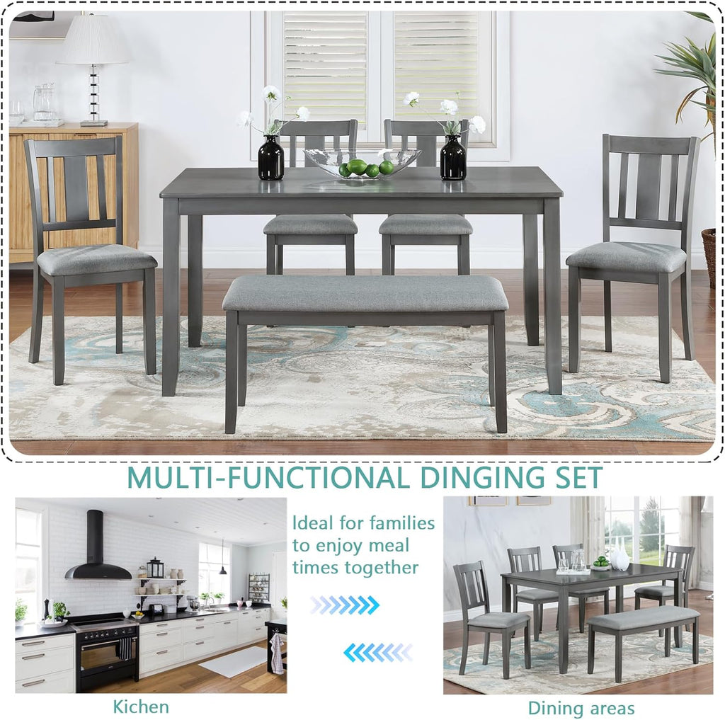 KEIKI 6-Piece Standard Height Dining Table Set with Rectangular Table, 4 Upholstered Slatted Backrset Chair, Bench, for 6 Person, Modern Style Table Set, Easy Assembly, for Kitchen, Dining Room, Gray