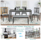 KEIKI 6-Piece Standard Height Dining Table Set with Rectangular Table, 4 Upholstered Slatted Backrset Chair, Bench, for 6 Person, Modern Style Table Set, Easy Assembly, for Kitchen, Dining Room, Gray