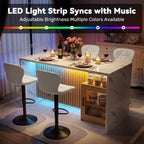 Miereirl 63”/32” Kitchen Island Table with Storage Space, Imitation Marble Island Table for Kitchen with LED Lights, Large Counter Height Dining Table with Fluted Base for 4 (White)