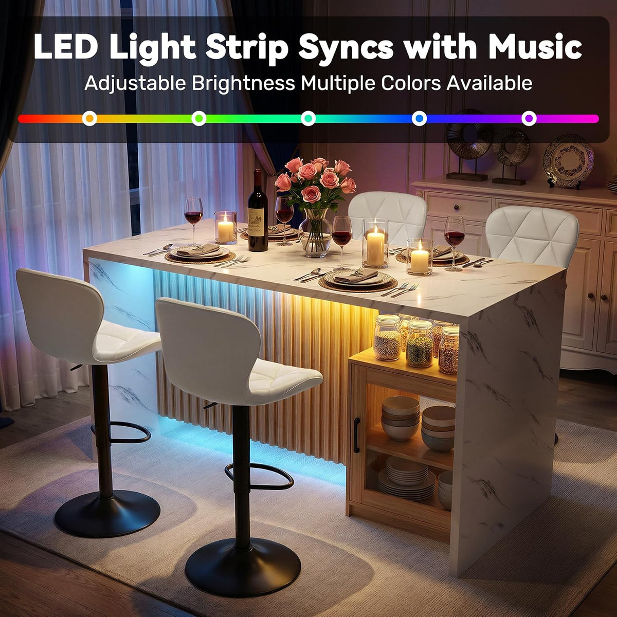 Miereirl 63”/32” Kitchen Island Table with Storage Space, Imitation Marble Island Table for Kitchen with LED Lights, Large Counter Height Dining Table with Fluted Base for 4 (White)