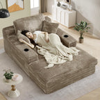 49" x 76" Corduroy Chaise Lounge, Cup Holders, Camel | Super-oversized corduroy chaise with deep sleeper seating and built-in cup holders for reading, lounging rest.