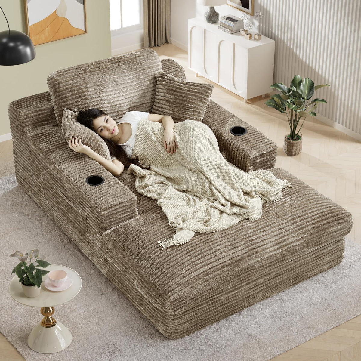 49" x 76" Corduroy Chaise Lounge, Cup Holders, Camel | Super-oversized corduroy chaise with deep sleeper seating and built-in cup holders for reading, lounging rest.