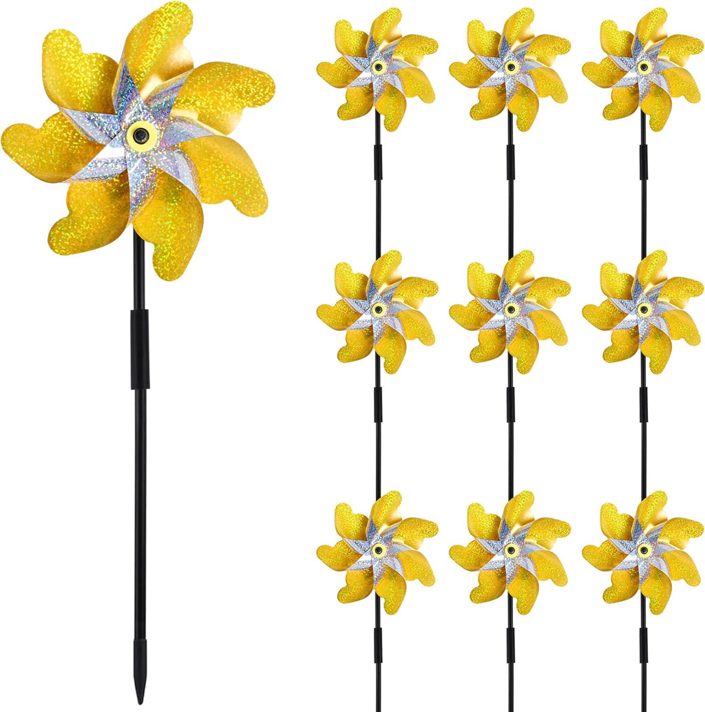10 Pack Reflective Pinwheels with Stakes, 19.7 inch Gold & Silver Pre-Assembled Sparkle Pin Wheel for Scare Birds and Unwelcome Animals Away Form Yard, Garden, Lawn