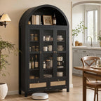 TYBOATLE 75'' Arched Cabinet with 3 Glass Doors, Pantry Cabinet for Kitchen | Arch Cabinet, Pantry Cupboard with Rattan Drawers and Anti-Tip Device, Farmhouse Pantry for Kitchen Bathroom, Black