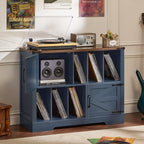Joaxswe Large Record Player Stand with Vinyl Storage Up to 450 Albums, 39 Inch Farmhouse Wood Navy Blue Vinyl Records Storage Cabinet with Barn Doors, Mid-Century Turntable Stand for Living Room
