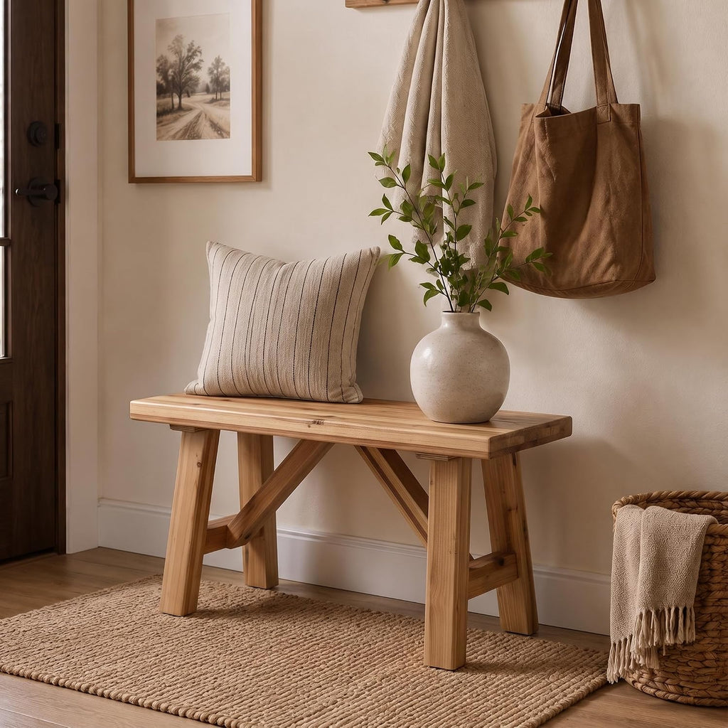Solid Wood Entryway Bench, 30" Rustic Small Wooden Bench Narrow Farmhouse Wood Bench Seat Entry Way Bench Indoor for Living/Dining Room, Small Hallway Bench, Porch, Handcrafted, Natural