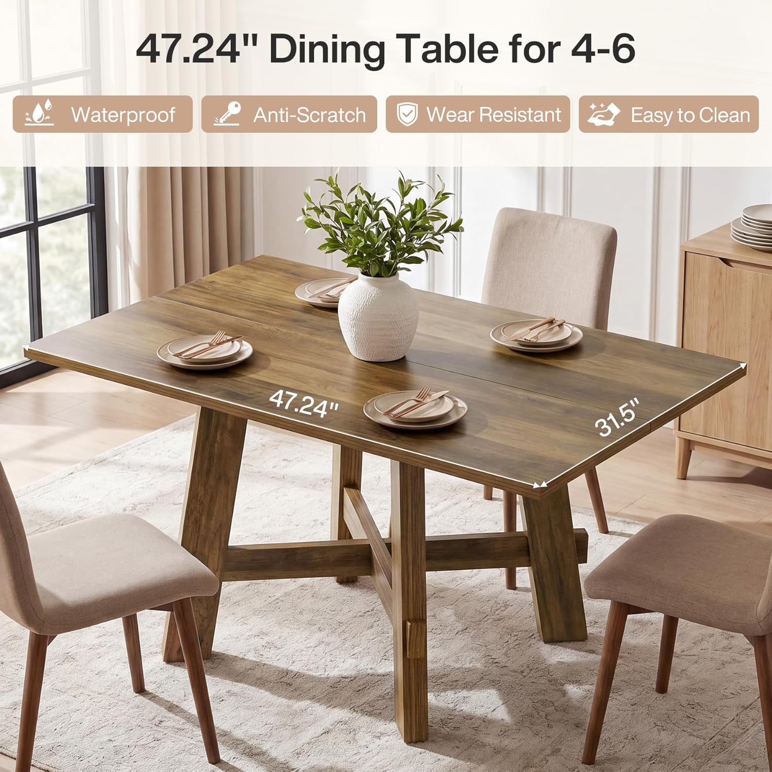 Tribesigns 47-Inch Dining Table for 4, Farmhouse Kitchen Table with Sturdy Legs and Cross Brace, Small Dinner Tables for Living Room, Apartment, Dining Room, Brown