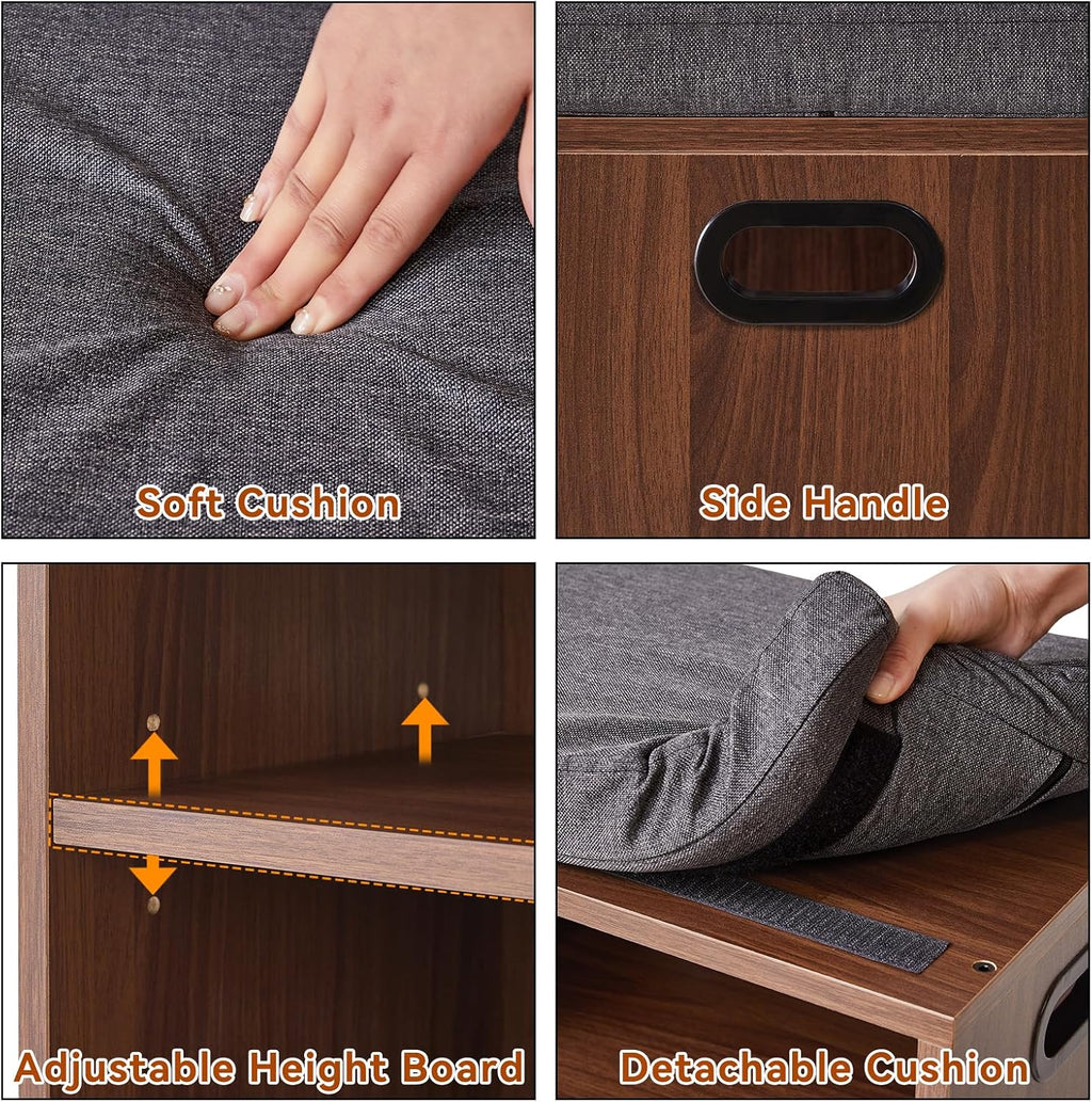 YMYNY Small Shoe Storage Bench with Cushion, 2 Tier Entryway Bench with Shoe Storage, Shoe Rack Bench for Entryway, Living Room, Hallway, Closet, Bedroom, 15.4L*11W*16.54H, Light Walnut HBD028LW