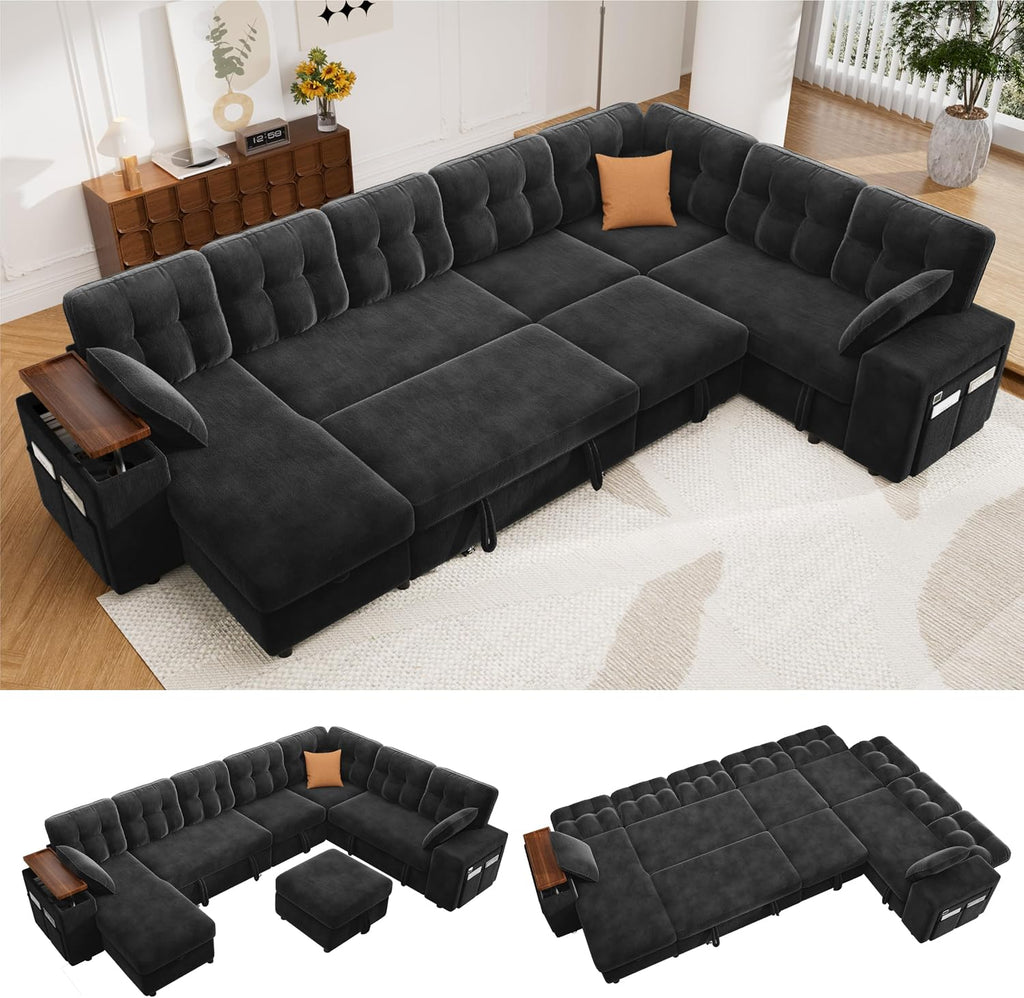 Vipbear 130" Modular Sectional Sleeper Sofa with Pull Out Bed, 9 Seat L Shaped Couch with Ottoman & Chaise/Reclining Backrest/Lift-Top Storage Arms/USB/LED Light/Tool-Free Assembly, Chenille Black