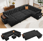 Vipbear 130" Modular Sectional Sleeper Sofa with Pull Out Bed, 9 Seat L Shaped Couch with Ottoman & Chaise/Reclining Backrest/Lift-Top Storage Arms/USB/LED Light/Tool-Free Assembly, Chenille Black