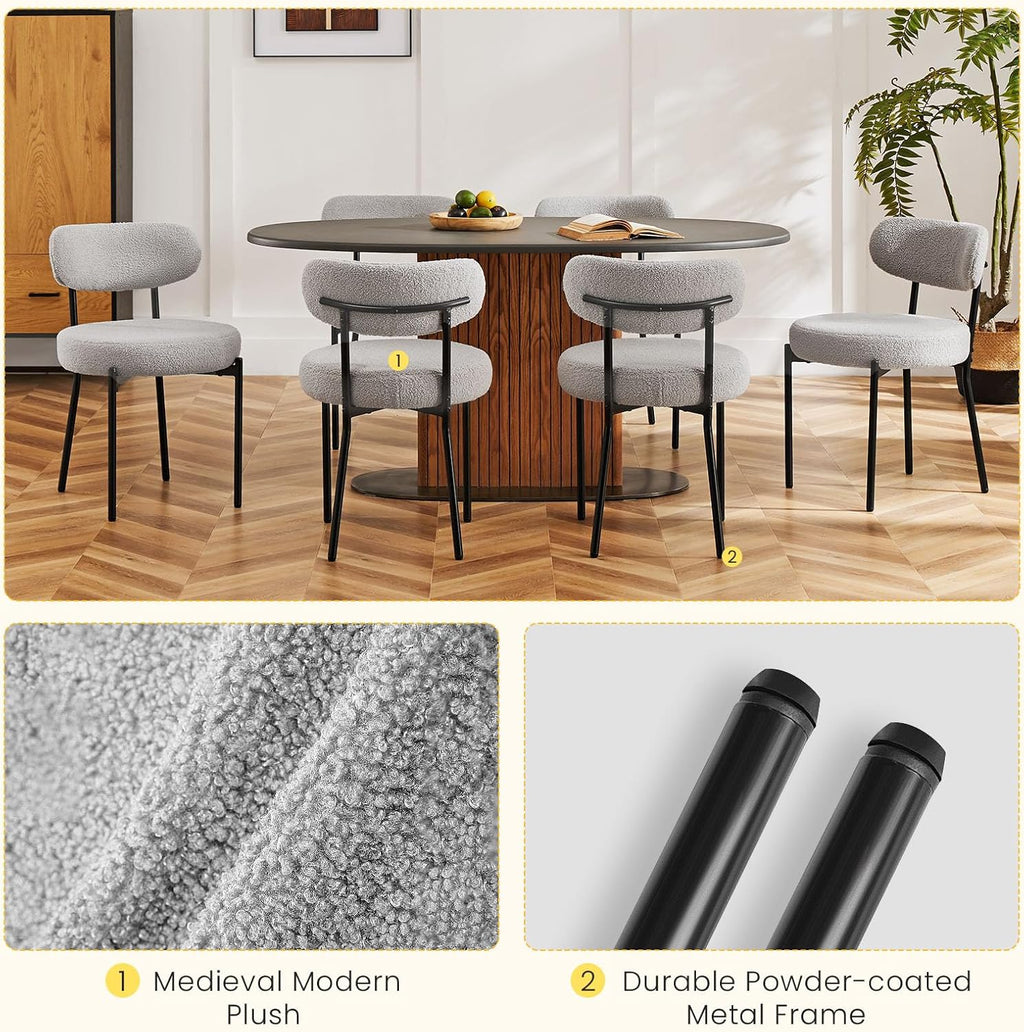 NEWBULIG Dining Chairs Set of 4, Mid Century Modern Dining Room Kitchen Side Chair with Fabric Upholstered Seat, Curved Backrest and Black Metal Legs, Grey