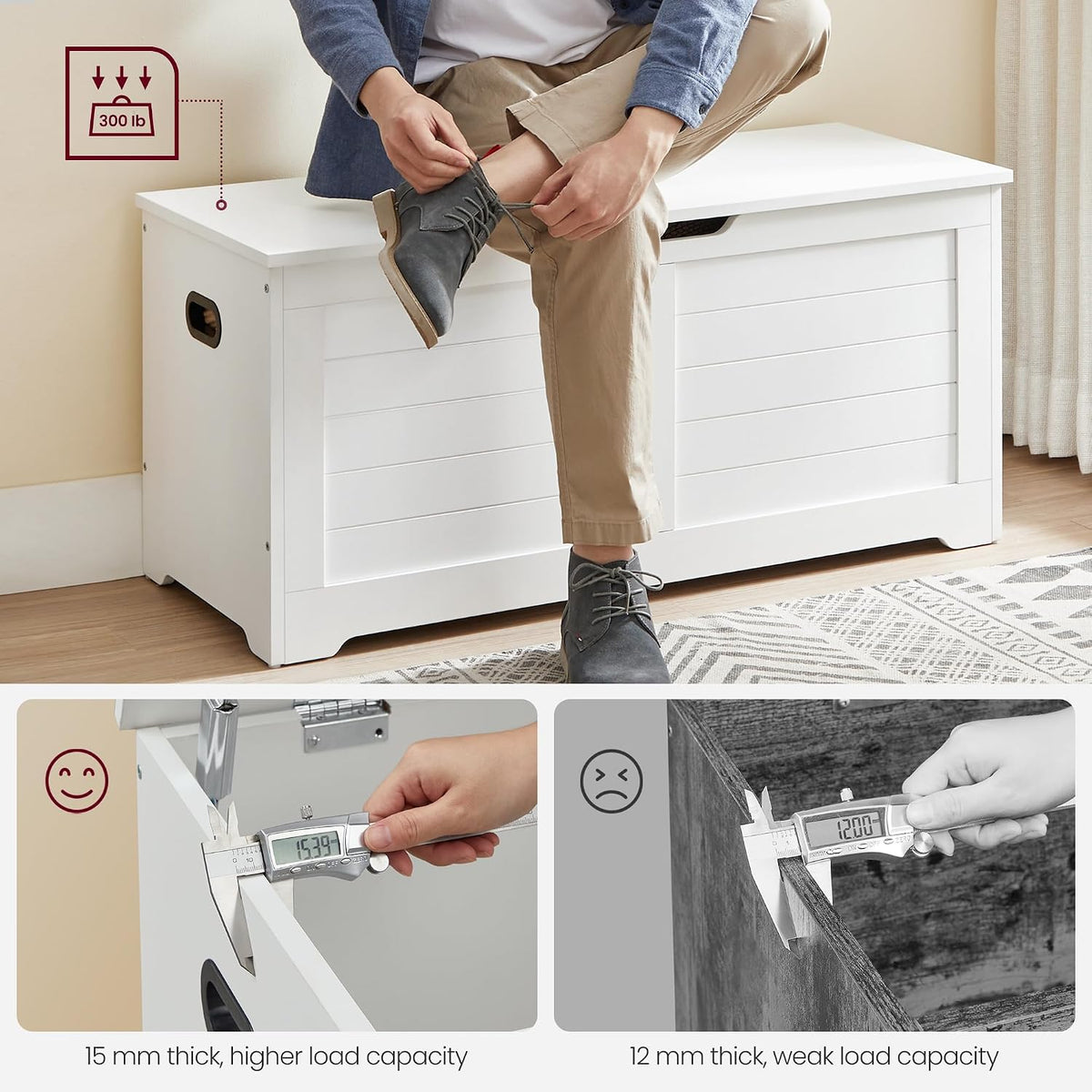 VASAGLE Storage Chest, 39.4 Inches Width Bench with 2 Safety Hinges | Farmhouse Style, for Entryway, Bedroom, Living Room, Cloud White, SOFIE Collection ULSB061T10