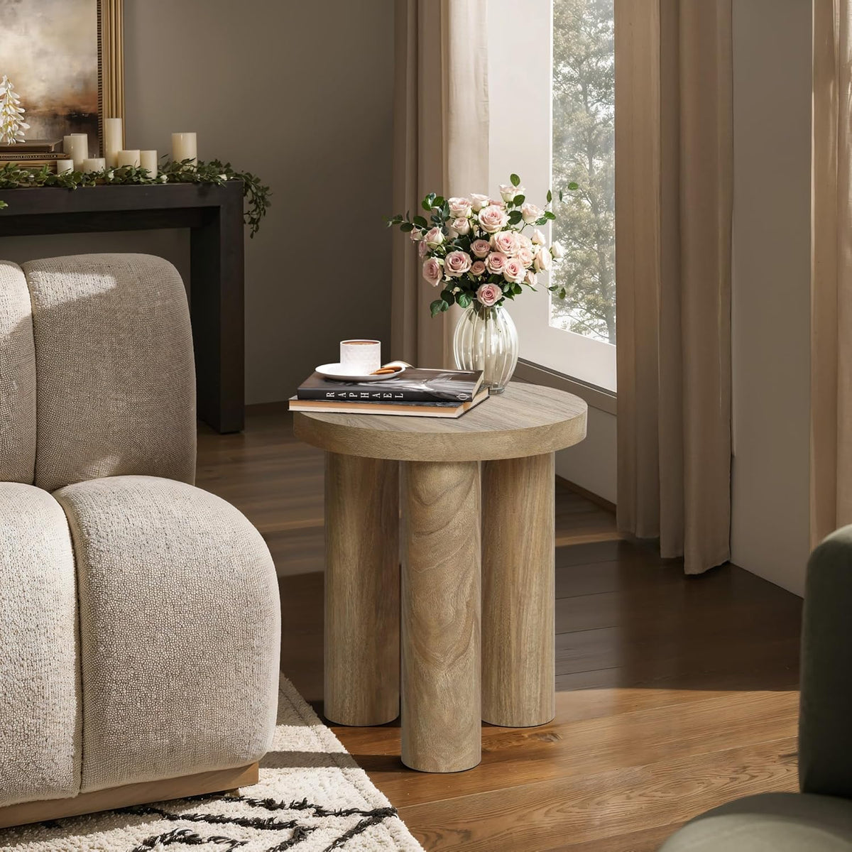 LuxenHome Round Side Table, 19" Tall End Table with 3 Pillar Legs, Modern Farmhouse Dark Oak Finish Wooden Couch Side Tables, Accent Table for Living Room, Bedroom