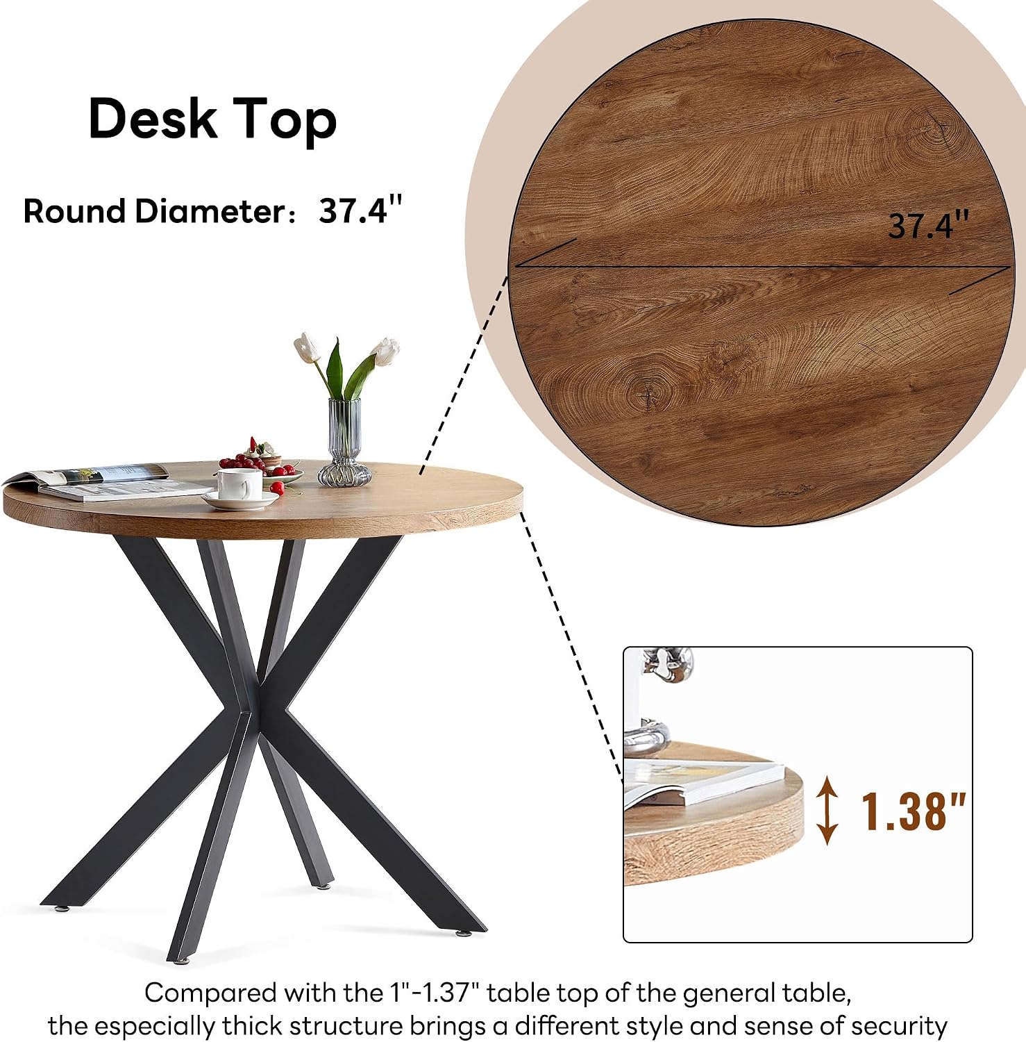 Homedot 37" Round Table Set for 4 Person, Modern Kitchen Table Set, Imitation Wood Dining Table with Space Saving Dining Chairs, Dark Green Velvet Side Chairs