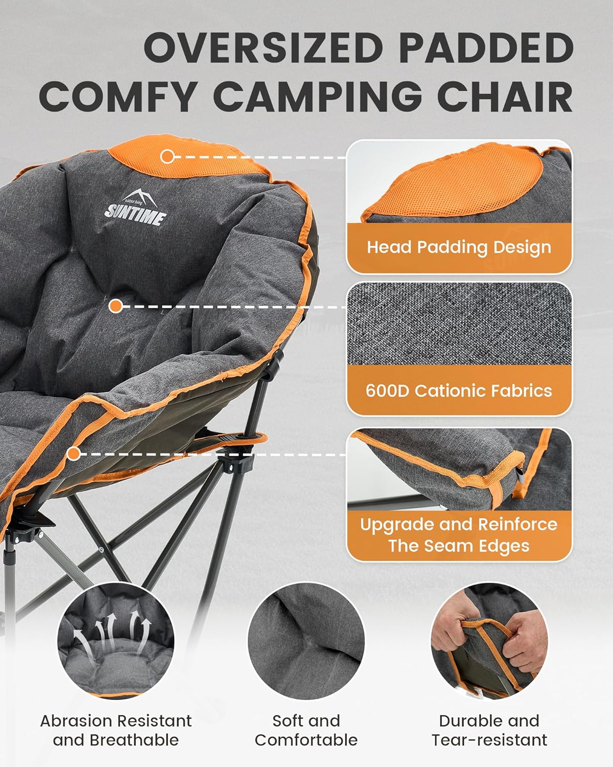 Upgrade Oversized Padded Camping Chair with Adjustable Cup Holder,Weight Capacity 400 LBS,Built-in Comfy Foam Armrest Supports,Heavy Duty Moon Leisure Folding Chair for Camping, Orange (2 Pack)