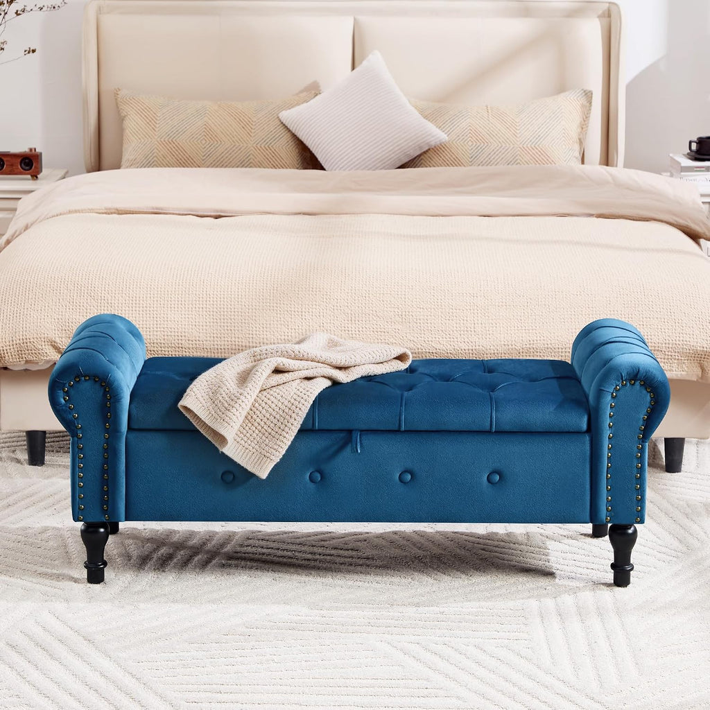 Storage Bench for Bedroom, Velvet 51" End of Bed Bench, Queen Size Bench with Rolled Arms, Tufted Storage Ottoman Benches, Upholstered Bench for Bedroom, Living Room, Entryway, Navy Blue