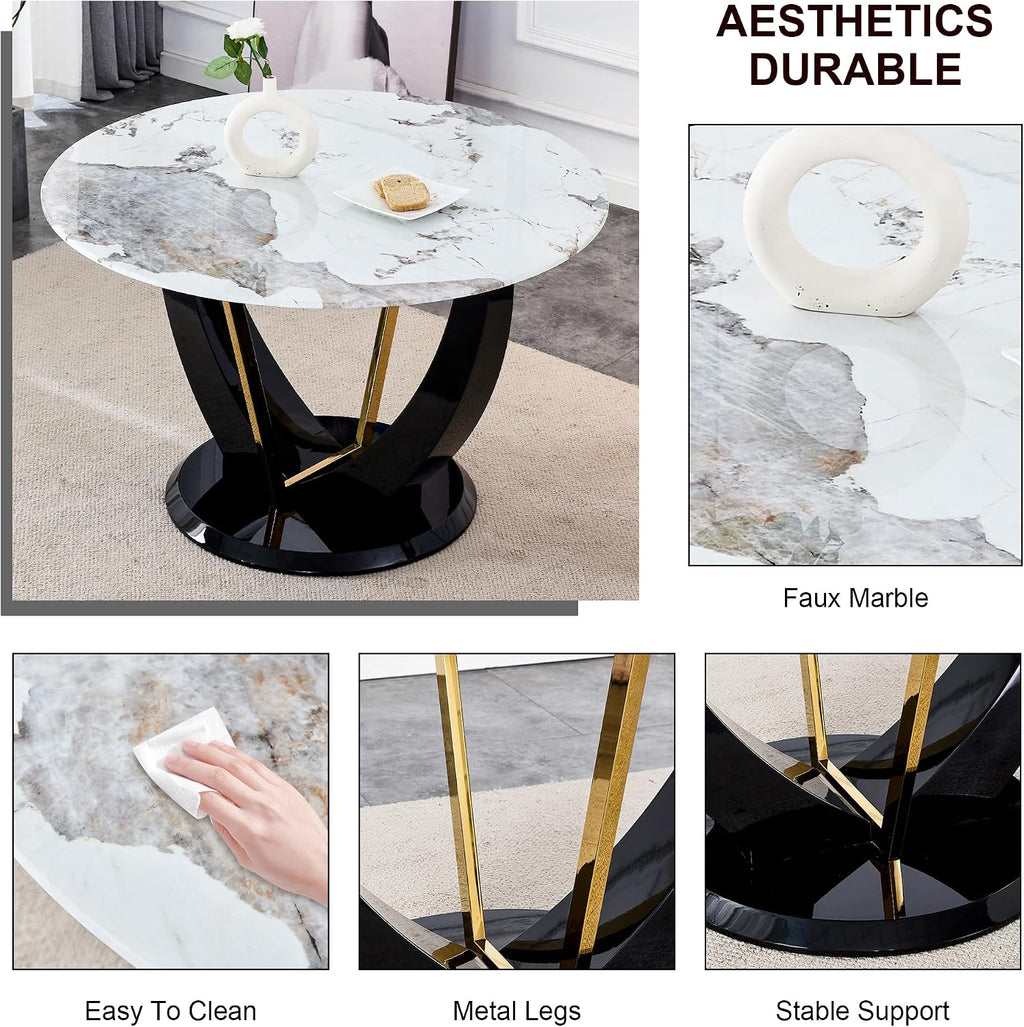 JUFU 48 Inch Round Dining Table for 4 to 6, Faux Marble Look, Modern Circle Kitchen Furniture with Stable Pedestal Base for Apartment, Dining Room, Living Room, Restaurant