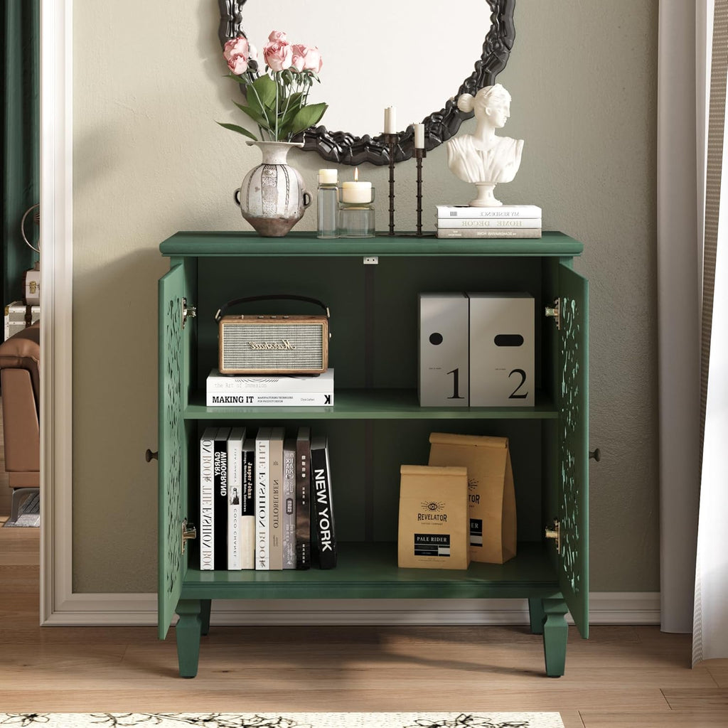 Sideboard Buffet Cabinet with Storage, Accent Cabinet with 2 Carved Doors and Adjustable Shelf, Farmhosue Console Table with Solid Wood Legs, Symmetrical Floral Design, Antique Green
