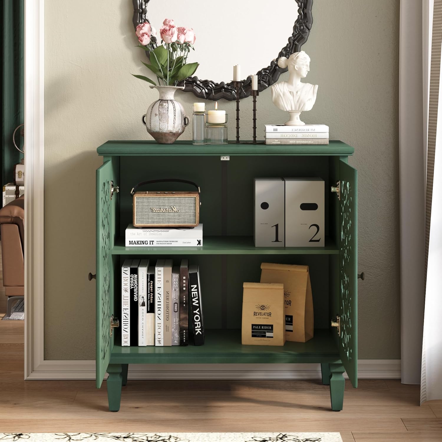 Sideboard Buffet Cabinet with Storage, Accent Cabinet with 2 Carved Doors and Adjustable Shelf, Farmhosue Console Table with Solid Wood Legs, Symmetrical Floral Design, Antique Green