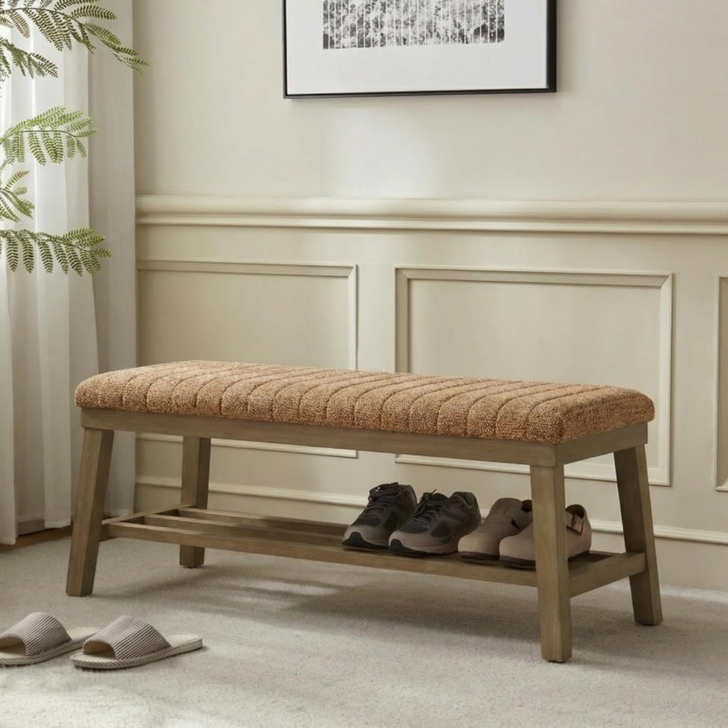 VKNOW Entryway Bench, 44.4" Upholstered Storage Shoe Bench for Entryway Bedroom, Shoe Rack Bench with Rubberwood Legs, Modern End of Bed Bench for Living Room and Hallway, Orange